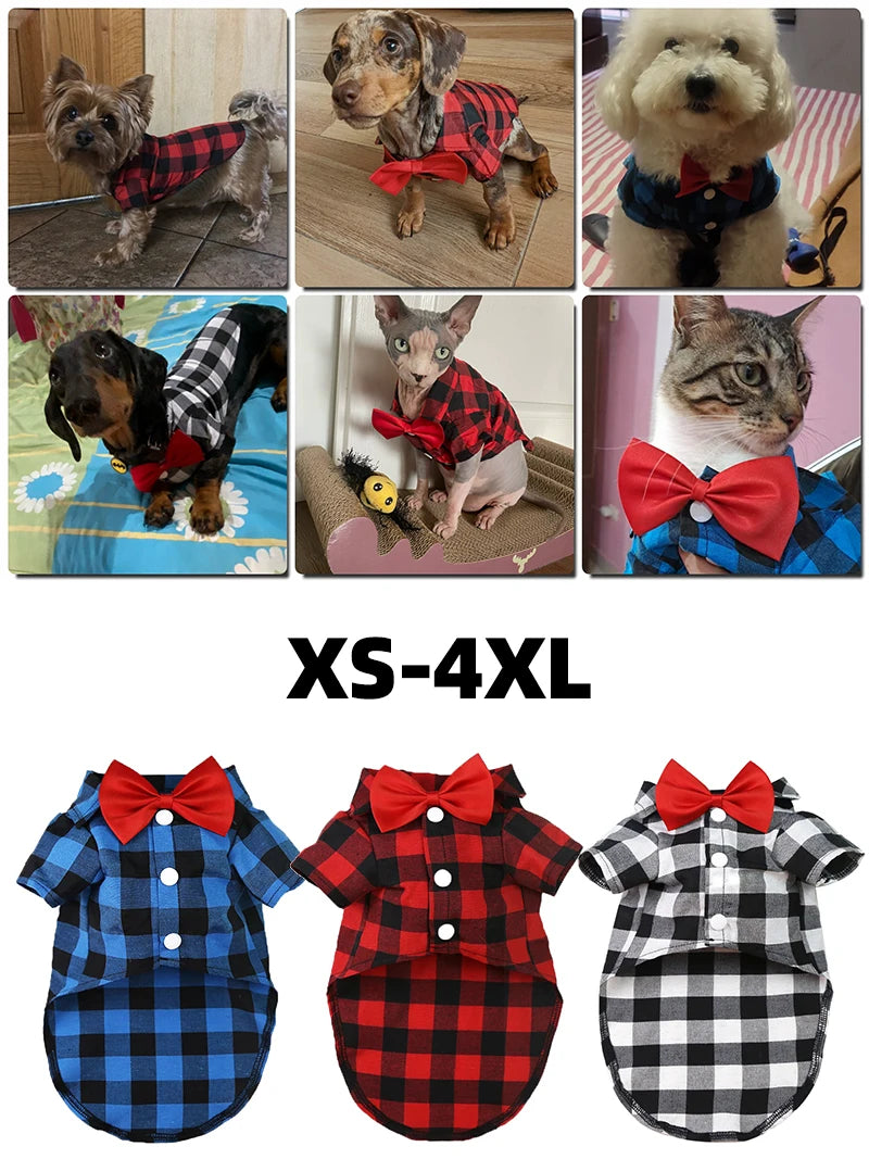 Bowtie Dog Blouse Classical Breathable Plaid T-Shirts Summer Dog Clothes for Small Dogs Puppy Large Cat Vest Chihuahua Yorkies