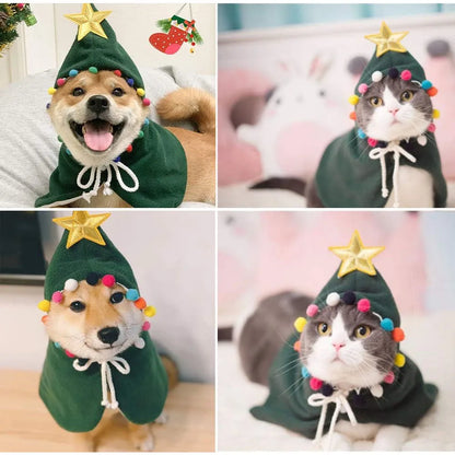 Pet Cat Dog Christmas Costumes Xmas Cloak with Stars and Pompons Christmas Cape Festive Pet Apparel Clothing for Small Dogs Cats