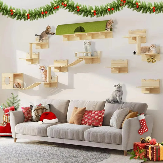 Wall-Mounted Cat Climbing Shelves Toy Wooden Sisal Ladder Climbing Cat Perch Wooden Steps Scratching For Sleeping Pet Furniture