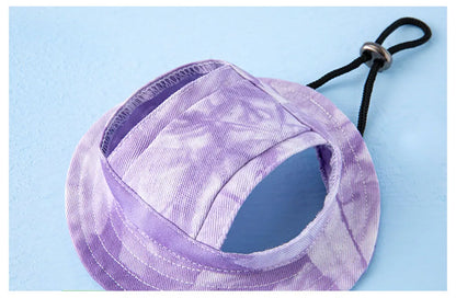 Adjustable Dog Hat Fashion Tie-dyed Pet Bucket Hats with Ear Holes Round Brim Dog Cap Outdoor Sun Bonnet Cat Cap Pet Accessories