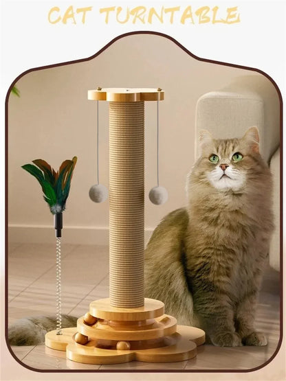 Pet Cat Toy Solid Wood Cat Turntable Funny Cat Stick Balls Durable Sisal Scratching Board Cat Supplies Cat Grab Column
