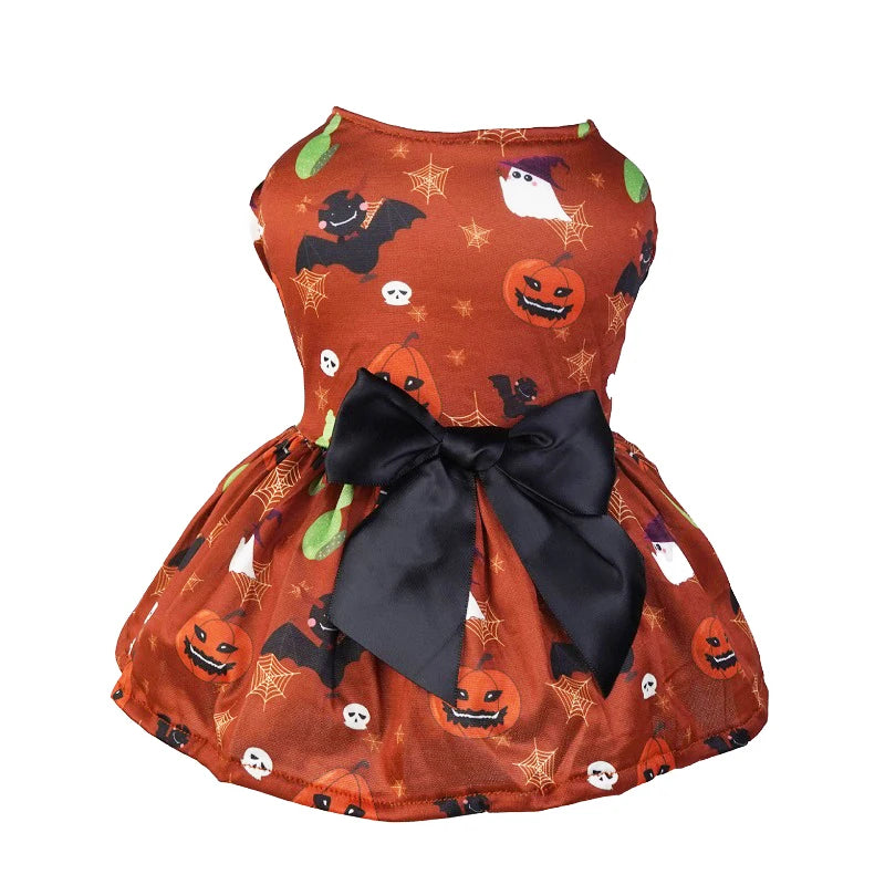 Halloween Dog Dress Pumpkin Pattern Bowknot Funny Skirt Chihuahua Bichon Dog Dresses Festival Puppy Costume Pet Cat Dog Clothes