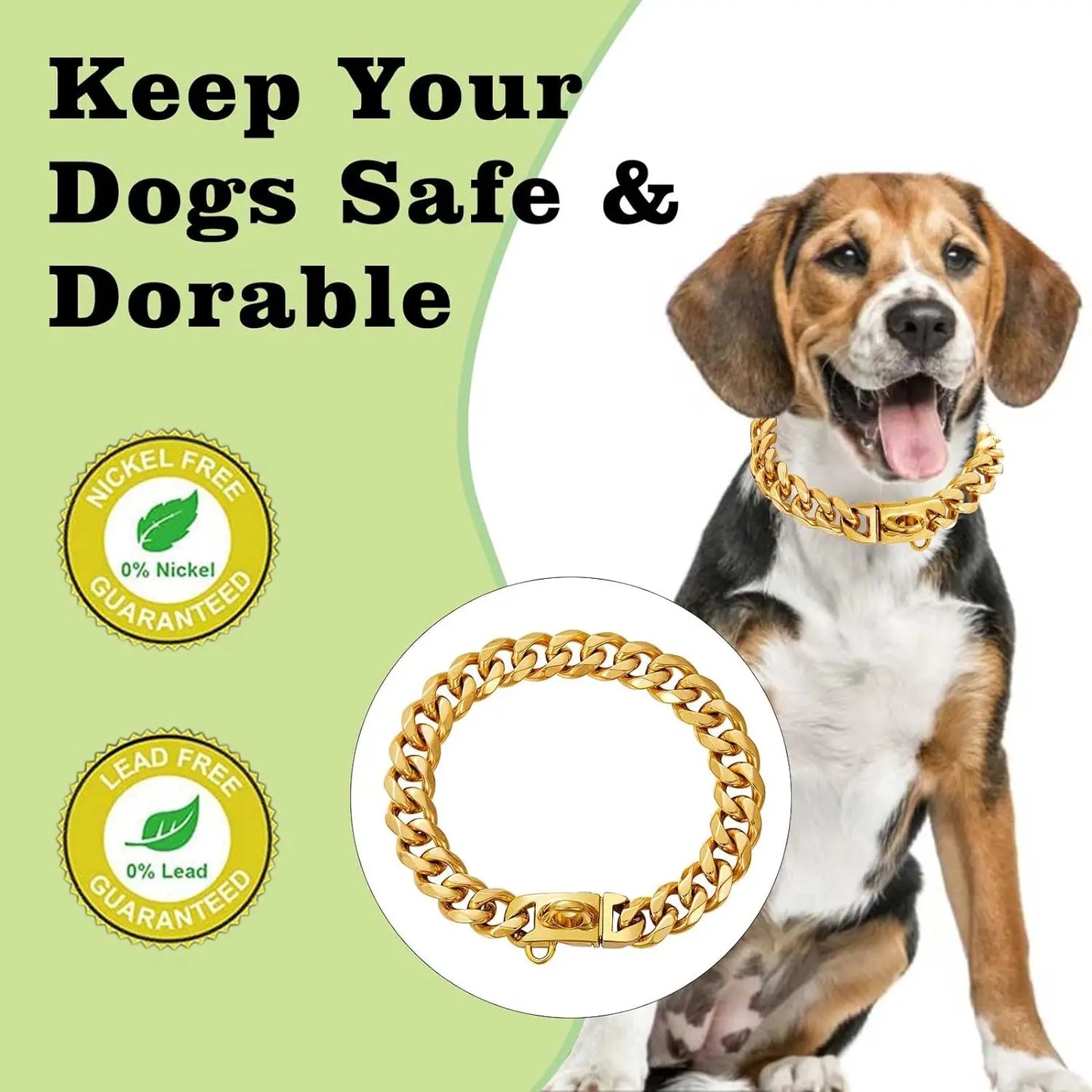 Heavy Duty Dog Chain Collar with Dog Paw Pendant 15MM Wide Stainless Steel Metal Cuban Link Chain Collar for Small Medium Dogs