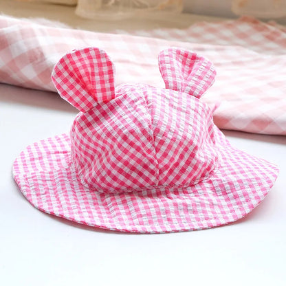 Pastoral Style Plaid Cat Hat Cute Ears Sunshade Cap for Dogs Summer Pet Headwear Unisex Outdoor Hats Chihuahua Dogs Accessories