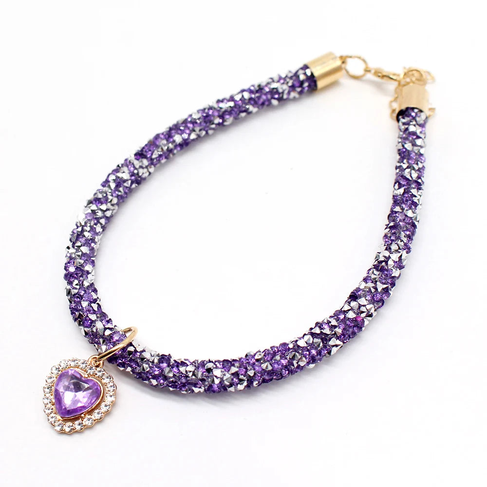 Soft Puppy Cat Collar with Heart Diamond Pendant Adjustable Luxury Reflective Bling Rhinestone Collar Crystal for Cats Small Dog