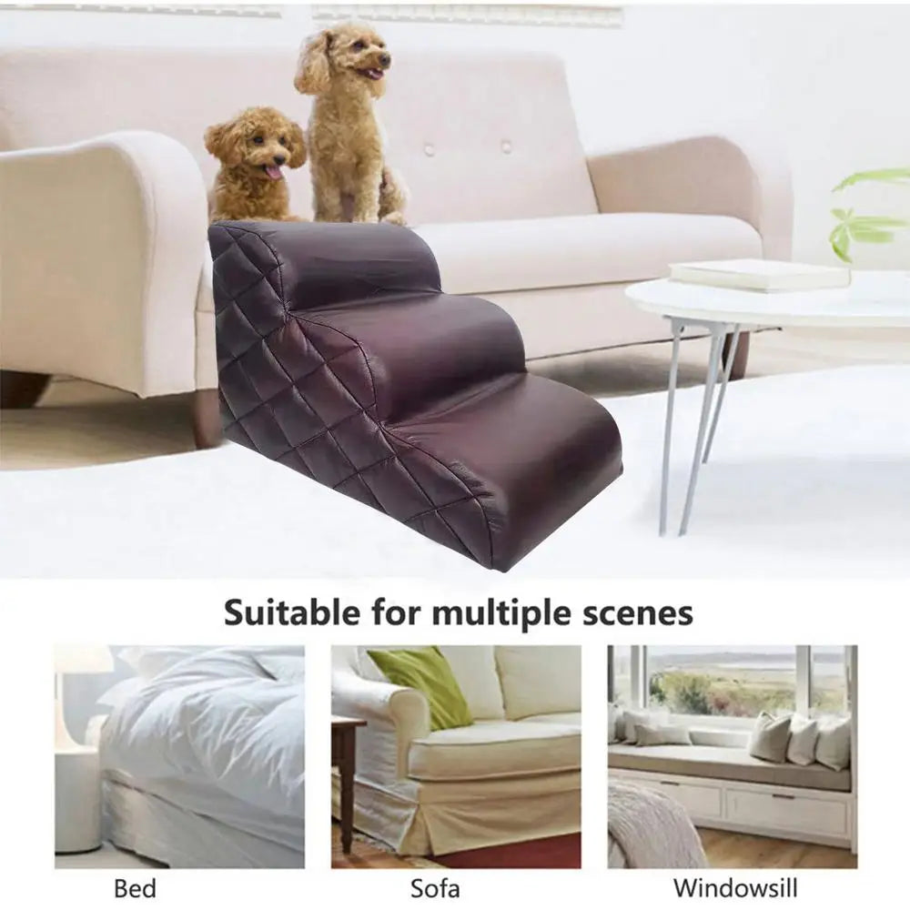 Pet Steps Dog Stairs Puppy Ladders Dog Furniture Non-Slip 3 Steps Dog Stairs Soft Leather Cover Bed Stairs Pet Cats Bed Steps