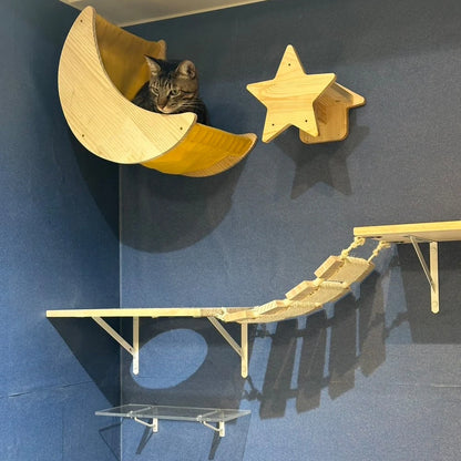 Wall Mounted Cat Bridge Cat Hammock with Wood Stairway or Scratching Post for Cats Perch and Playing Cat Indoor Playground