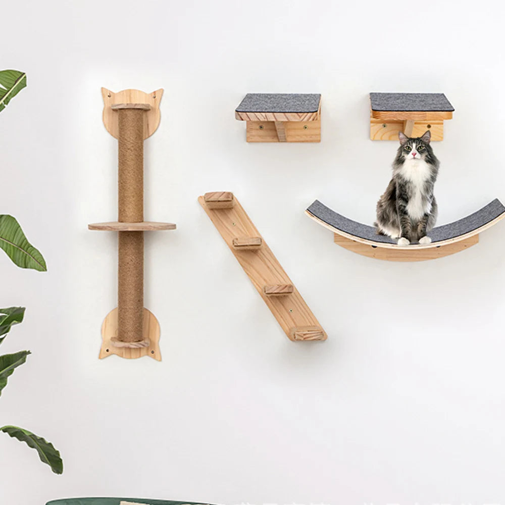 Cat Climbing Shelves Wall Mounted Cat Bridge Scratching Post with Platform and Cat Platform Hammock Pet Scraper For Cat