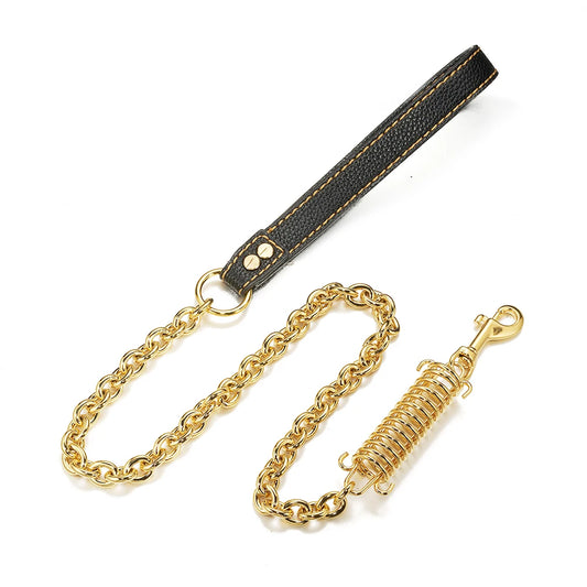 Stainless Steel Dog Chain Leash Cuban Link Luxury Gold Chain Buffer Spring Labor-Saving Genuine Leather Handle for Large Dogs