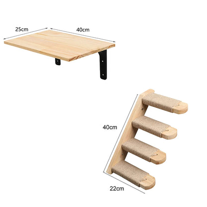 Wall Mounted Cat Furniture Cat Climbing Shelf Solid Wood Stairway with Hammock or Scratching Post for Kittens Perch and Play