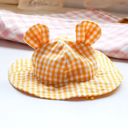 Pastoral Style Plaid Cat Hat Cute Ears Sunshade Cap for Dogs Summer Pet Headwear Unisex Outdoor Hats Chihuahua Dogs Accessories