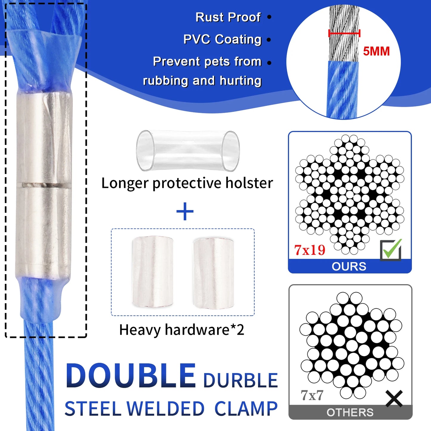 Steel Wire Dog Tie Out Cable, Dog Runner for Yard, Durable Superior Clips, Silver Dog Chains