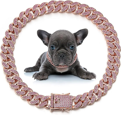 Dog Chain Collar Pink Diamond Cuban Link Necklace Metal Cat Chain Pet Crystal Collar Jewelry Accessories for  Dogs Cats