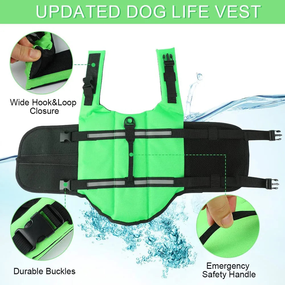 Dog Life Jacket with Reflective Stripe Adjustable High Flotation Dog Life Vest Ripstop Dog Lifesaver Pet Life Preserver Swimsuit