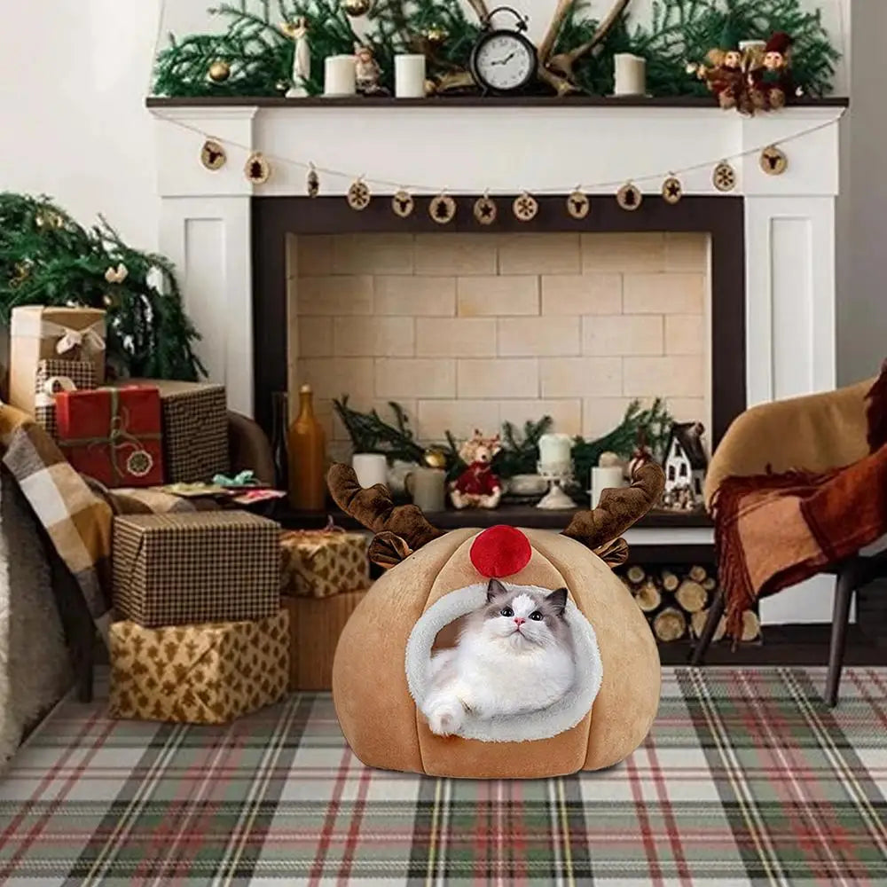 Christmas Winter Cat Cave Bed Dog Tent Christmas Reindeer Tent Washable Removable Cushion for Indoor Small Dogs And Cats