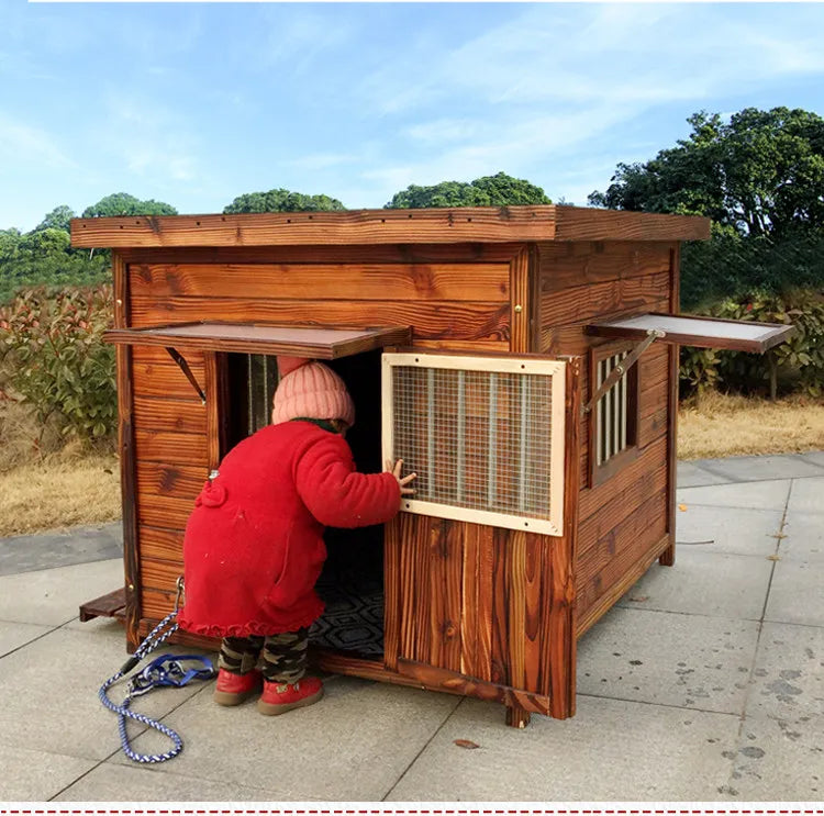 Large new solid wood kennel outdoor waterproof dog house with mat and cold-proof pet dog cage carbonized golden retriever woo