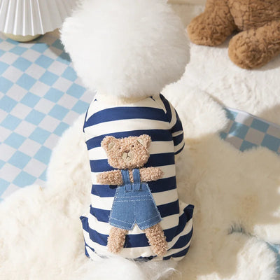 Striped Pet Dog Jumpsuit Spring Autumn Medium Small Dog Clothes Cute Bear Pattern Pet Pajamas Kitten Puppy Sweatshirt Dog Coat