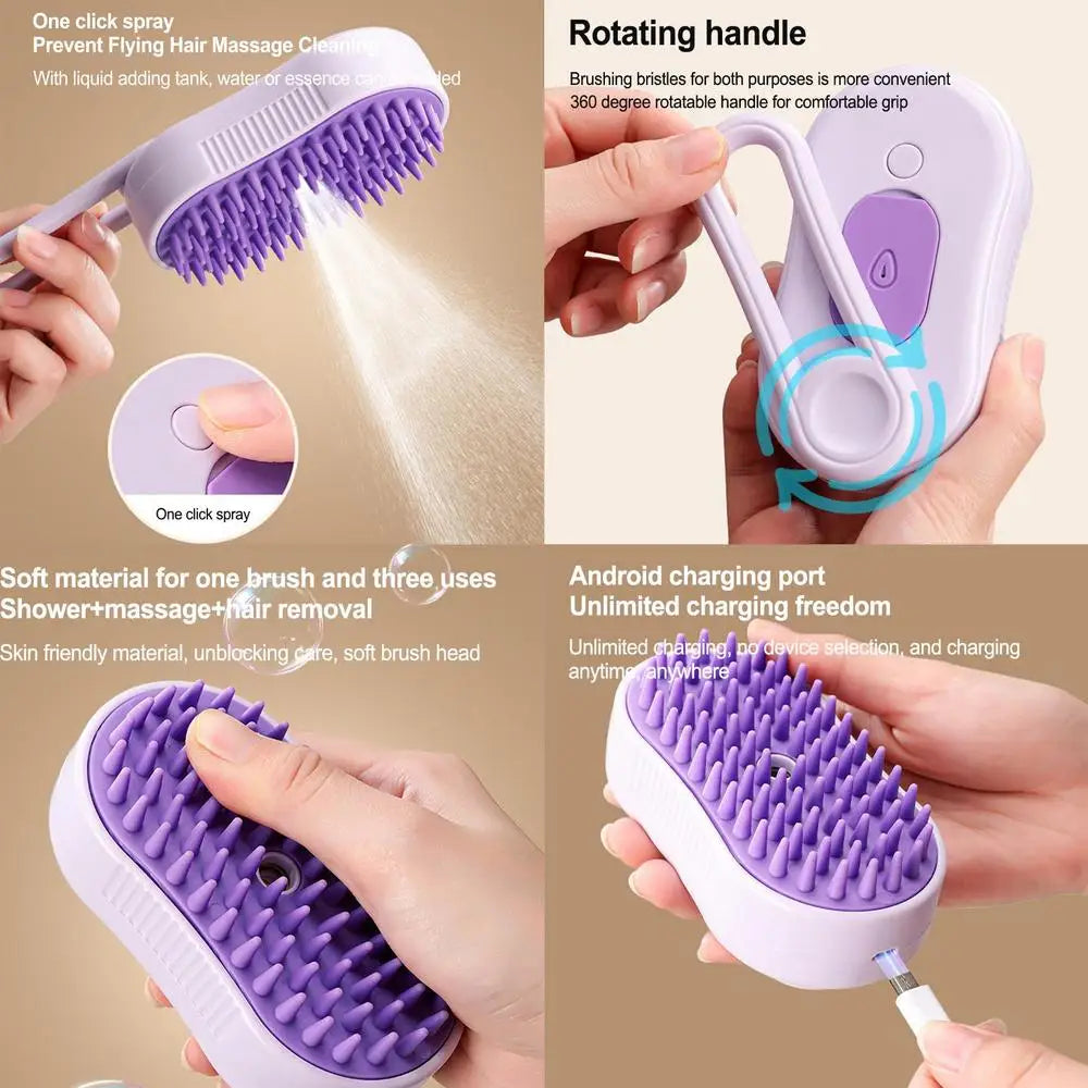 Pet Steamer Brush USB Rechargeable Cat Steamy Brush Dogs Cats Pet Hair Removal Self-Cleaning Comb for Long and Short Hair