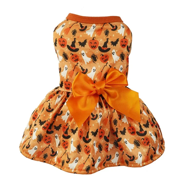 Halloween Dog Costume Funny Dog Clothes Pumpkin Print Pet Dress Chihuahua Bichon Clothing Bow Lace Festival Skirt Cat Dresses