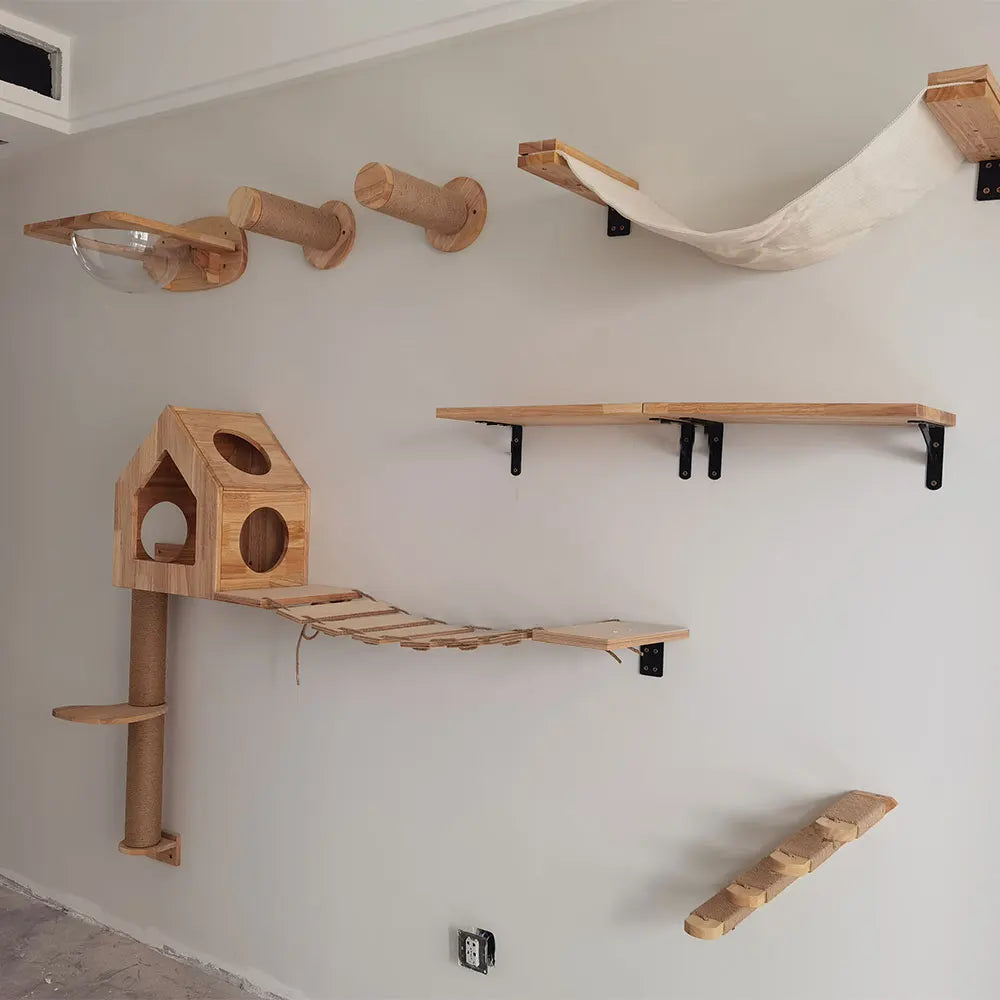 Cat Climbing Shelves Wall Mounted Cat House Wooden Cat Furniture Bridge with Protection Network for Cat & Kitten Ladders & Steps
