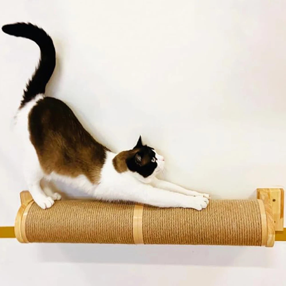 1 Piece Cat Wall Mounted Wood Frame Hammock and Platform with Scratching Post or Feeder Cat Living Playground Indoor Furniture