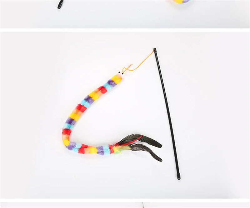 Rainbow Caterpillar Teaser Cat Stick Feather Top Durable Bite Resistant Pet Cat Toy Interactive Lightweight Handle Kitten Tools