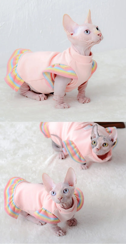 Sphynx Hairless Cat Clothes for Spring Autumn, Cute Rainbow Ruffles Sleeve Cotton Dress Pet Apparel Costume Cat Dress for Kitten