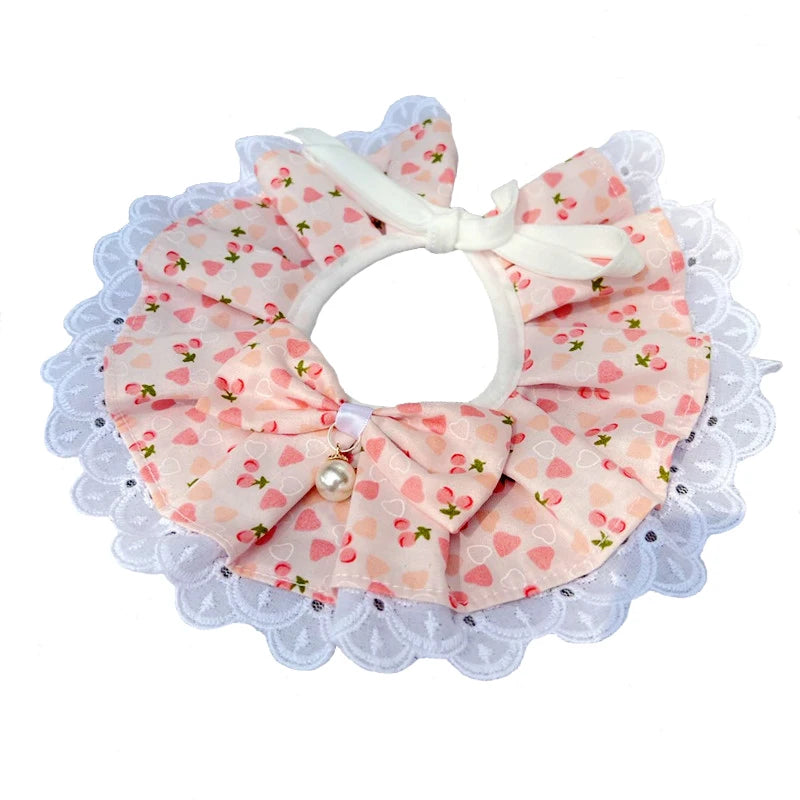 Puppy Cat Scarf  for Cats, Hairless Cat Lace Bibs with Pearl Bows Neck Strap, Pet Costume Accessories Plaid Dots Floral Pattern