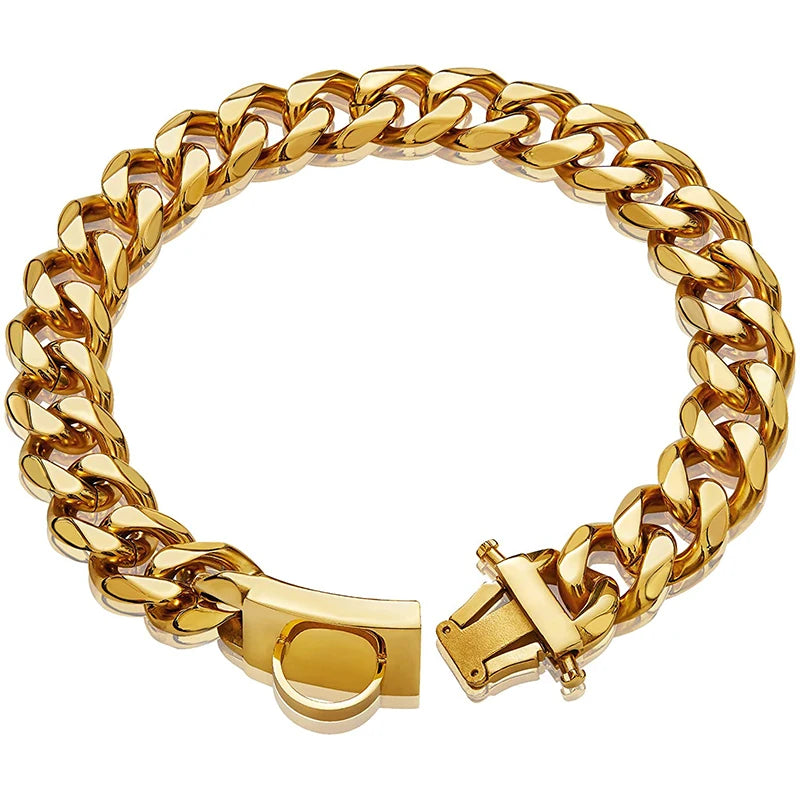 19MM Stainless Steel Dog Collar Choker Metal Cuban Link Chain Luxury Pets Necklace for Dogs Walking Heavy Duty