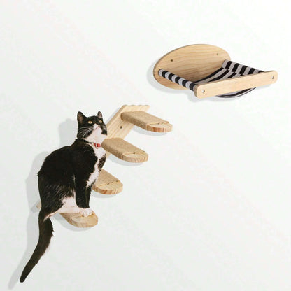 Wall Mounted Cat Shelves Wood Cat Lookout Climbing Shelf Kitten Wall Climbing Tree Furniture Four Step Stair Indoor Cat Hammock
