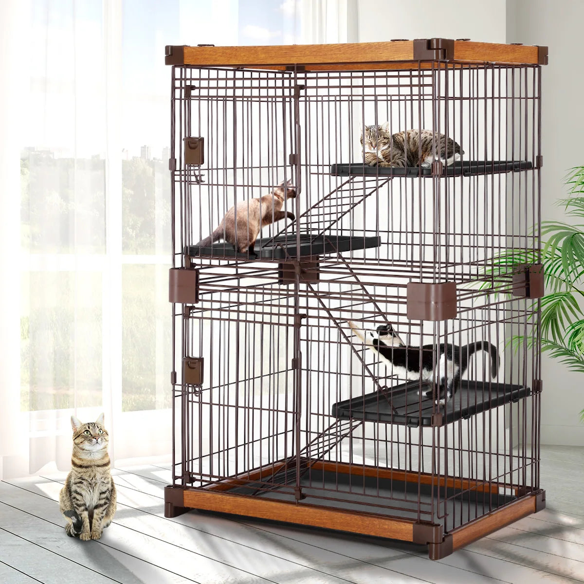 Pet Scene Large 3-Tier Pet Enclosure with WPC Frame and Iron Wire Button Closure Rabbit Hutch Cat Cage Ferret Kennel for Pets