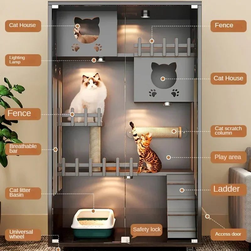 Retro Solid Wood Cat Cage for Living Room Cat House Two-layer One-piece Movable Light Luxury Creative  Cage for Cats