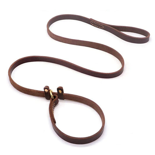 Pet Dog Flat Slip Lead British Style Durable Real Leather Dog Leash Smooth Adjustable Dog Slip Loop Lead for Walking & Showing