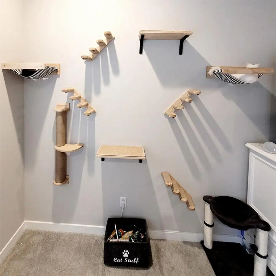 Wall Mounted Cat Shelves Wood Cat Lookout Climbing Shelf Kitten Wall Climbing Tree Furniture Four Step Stair Indoor Cat Hammock