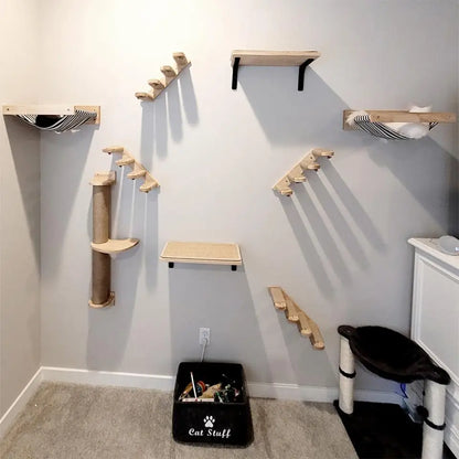 Wall Mounted Cat Shelves Wood Cat Lookout Climbing Shelf Kitten Wall Climbing Tree Furniture Four Step Stair Indoor Cat Hammock