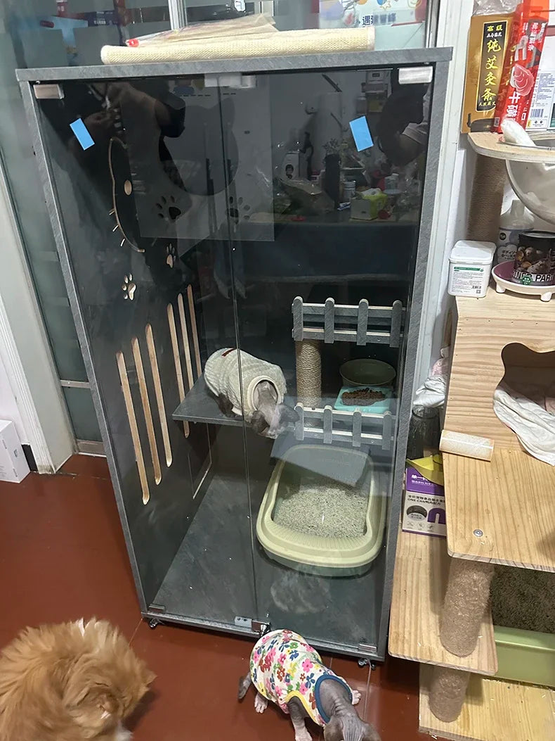Retro Solid Wood Cat Cage for Living Room Cat House Two-layer One-piece Movable Light Luxury Creative  Cage for Cats