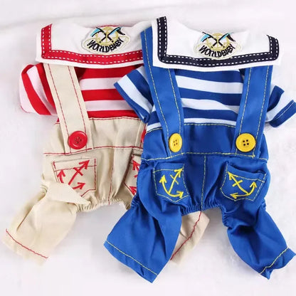 Anchor Navy Costume Dog Jumpsuit for Small Dogs, Puppy Stripe Shirt with Pants Overalls Seaman Outfits Autumn Chihuahua Clothes
