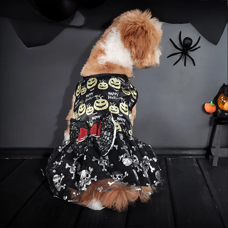 Halloween Dog Dress Pumpkin Pattern Bowknot Funny Skirt Chihuahua Bichon Dog Dresses Festival Puppy Costume Pet Cat Dog Clothes