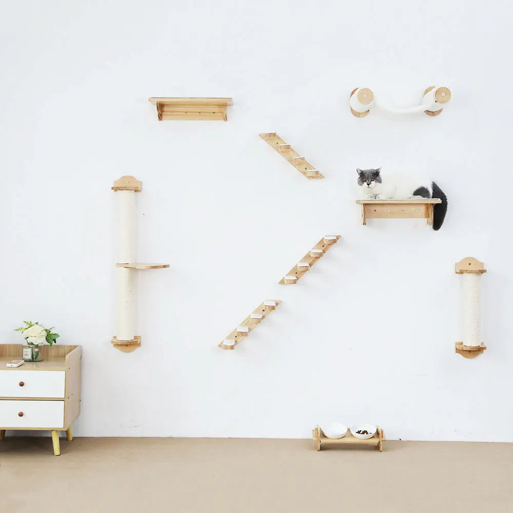 Wall Mounted Cat Shelves Wood Cat Lookout Climbing Shelf Kitten Wall Climbing Tree Furniture Four Step Stair Indoor Cat Hammock