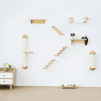 Wall Mounted Cat Shelves Wood Cat Lookout Climbing Shelf Kitten Wall Climbing Tree Furniture Four Step Stair Indoor Cat Hammock