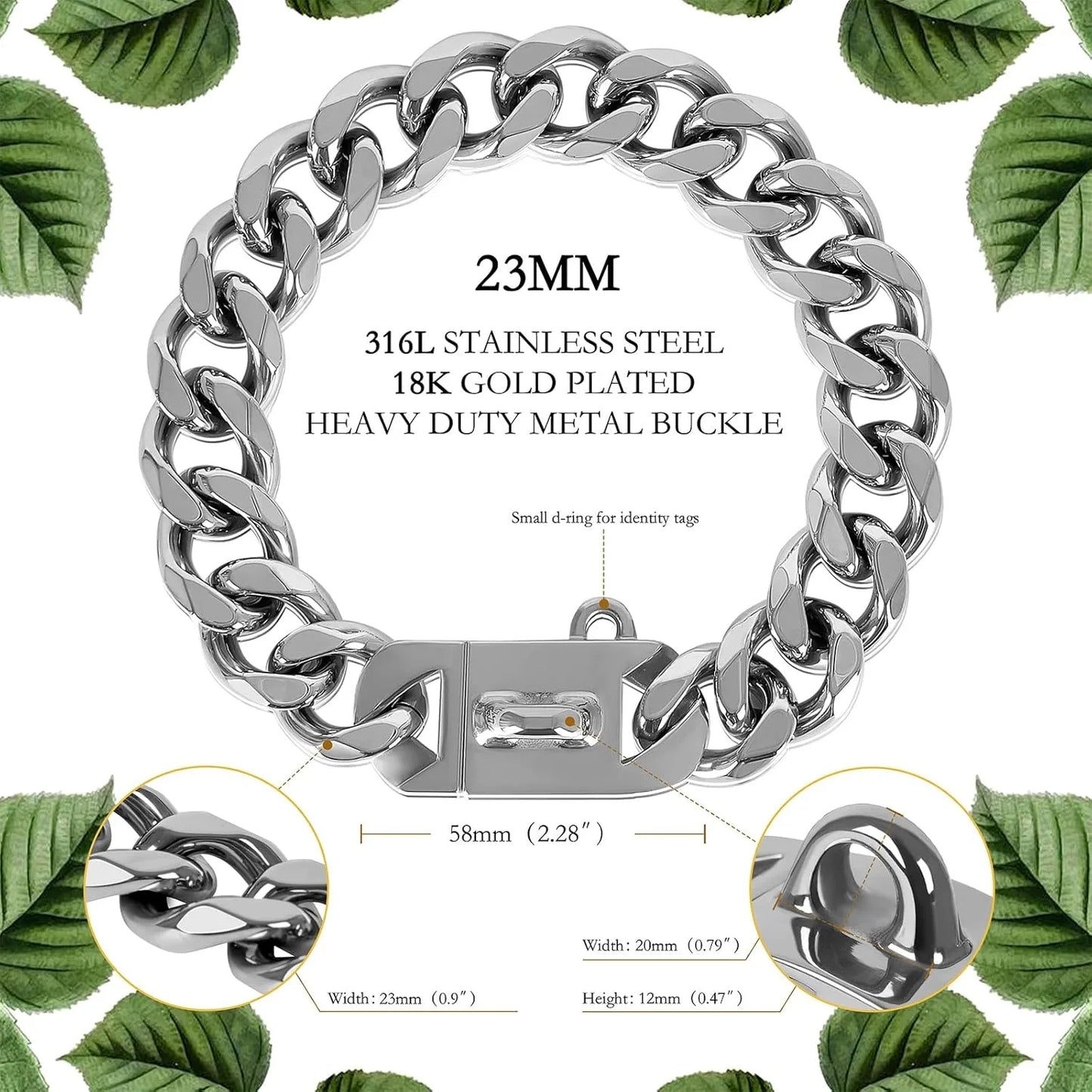 23MM Gold Chain Dog Collar Luxurious Sliver Gold Cuban Link Dog Collar with Secure Snap Buckle for Medium and Large Pit Bulls