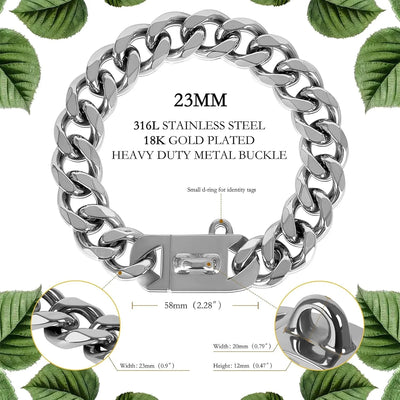 23MM Gold Chain Dog Collar Luxurious Sliver Gold Cuban Link Dog Collar with Secure Snap Buckle for Medium and Large Pit Bulls
