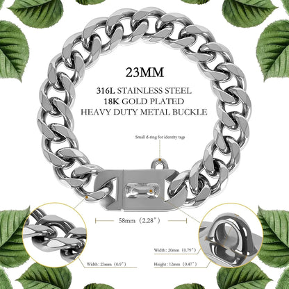 23MM Gold Chain Dog Collar Luxurious Sliver Gold Cuban Link Dog Collar with Secure Snap Buckle for Medium and Large Pit Bulls