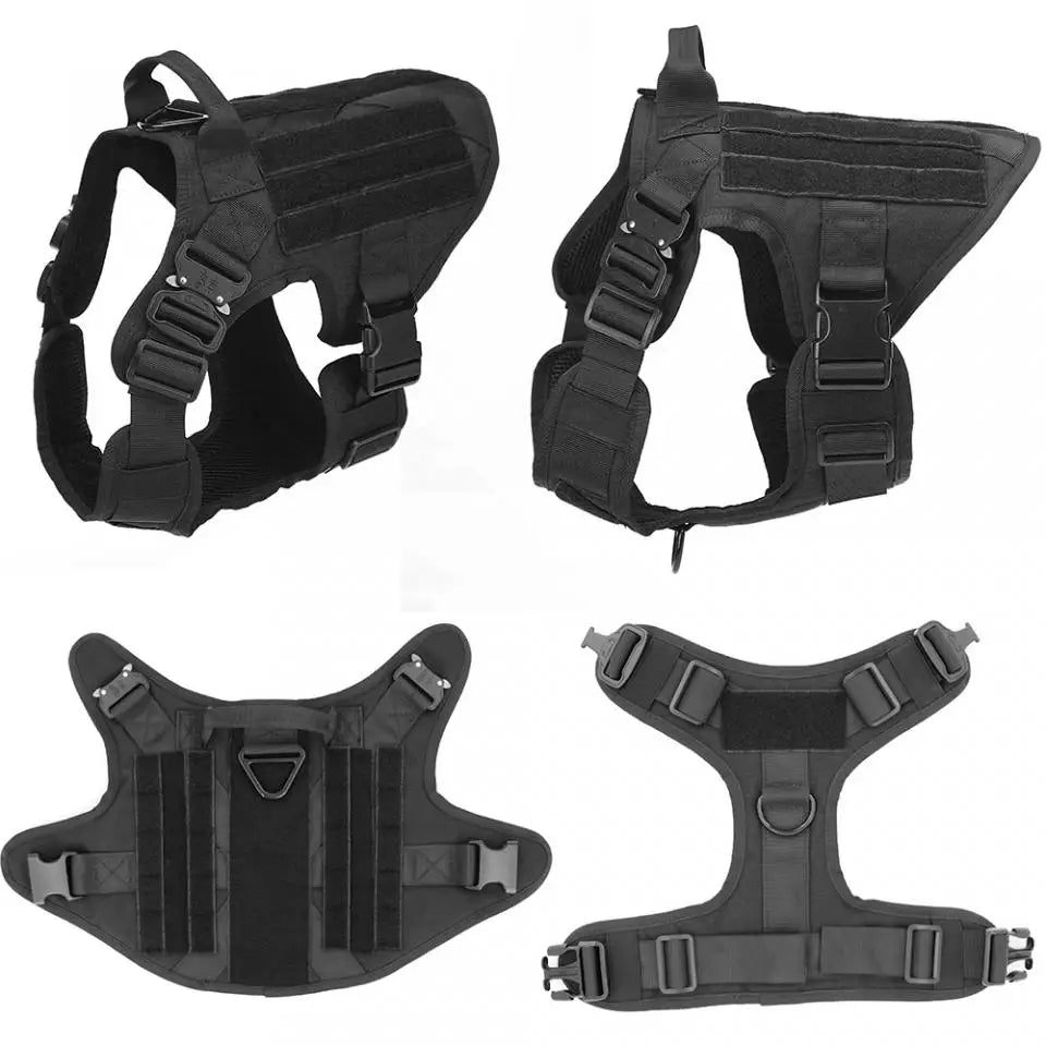 Large Dog Harness Collar Leash Molle Pouch Tactical Patches No-Pull Service Dog Harness Set for Small Medium Dog Training