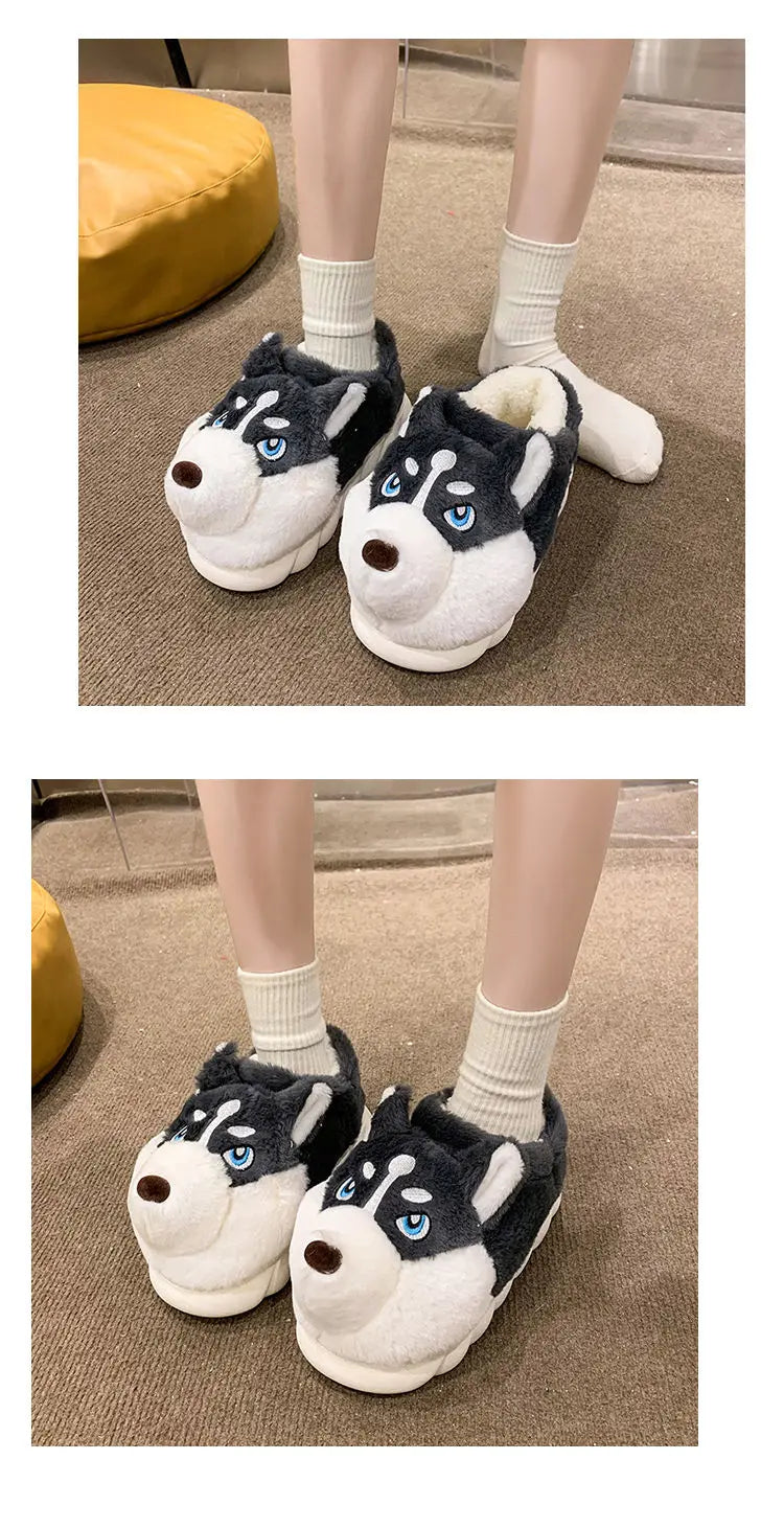 Winter Home Couple Shoes Women's Fluffy Dog Slippers Girl Animal Fur Slides Kawaii Funny Furry Shoes Woman Plush Booties Slipper