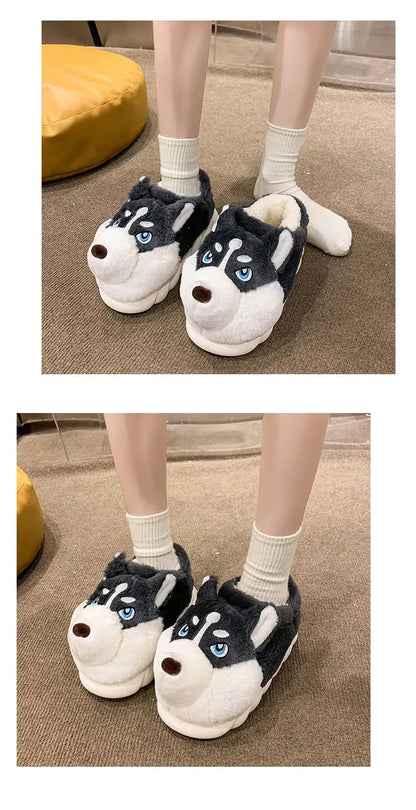 Winter Home Couple Shoes Women's Fluffy Dog Slippers Girl Animal Fur Slides Kawaii Funny Furry Shoes Woman Plush Booties Slipper