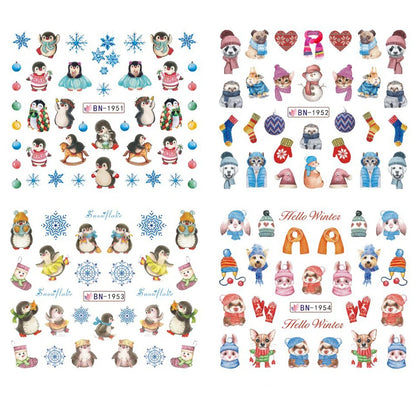 12pcs Cute Penguin Winter Nail Stickers Birds Bear Cat Cartoon Animal Snowflake Sliders Water Decals Decoration Xmas Tips Foils