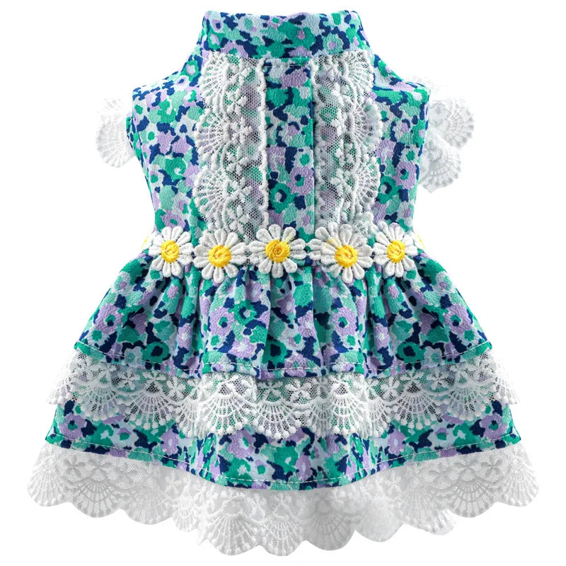 Floral Summer Clothes for Small Dogs Short Sleeve Lace Pink Sphinx Cat Dresses Princess Party Wear Breathable Pet Clothing