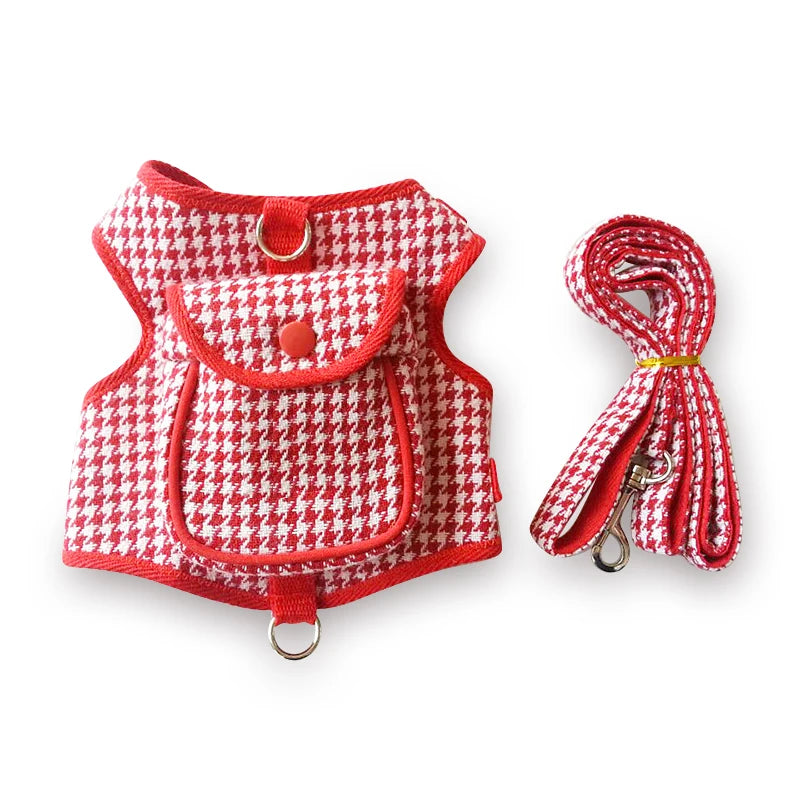 Houndstooth Small Vest PetDog Backpack Harness With Pocket Leash Lead Set Outdoor Pet Collar Walking Puppies Cats Carrier Bags