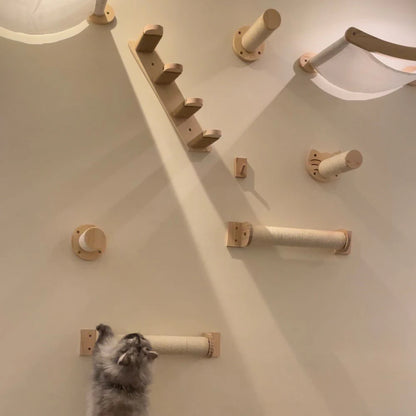 Cat Climbing Shelf Furniture Wall Mounted Cat Hammock and Wooden Stairway with Scratching Post for Cats Indoor Playing and Rest
